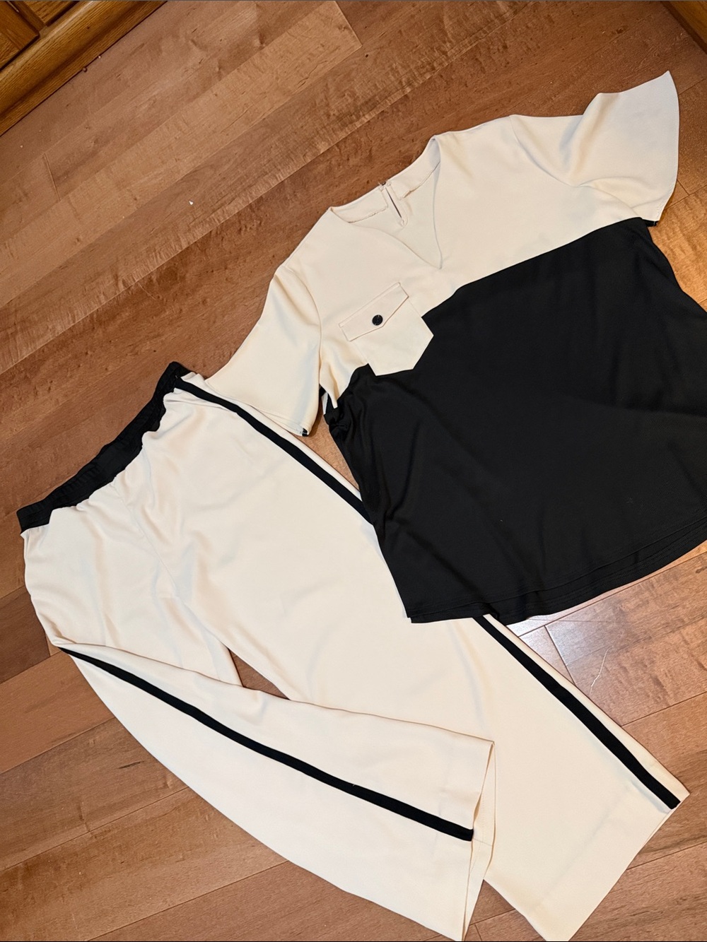 Two-Tone Black and Cream Lounge Pants & Top Set, rayon fabric, soft